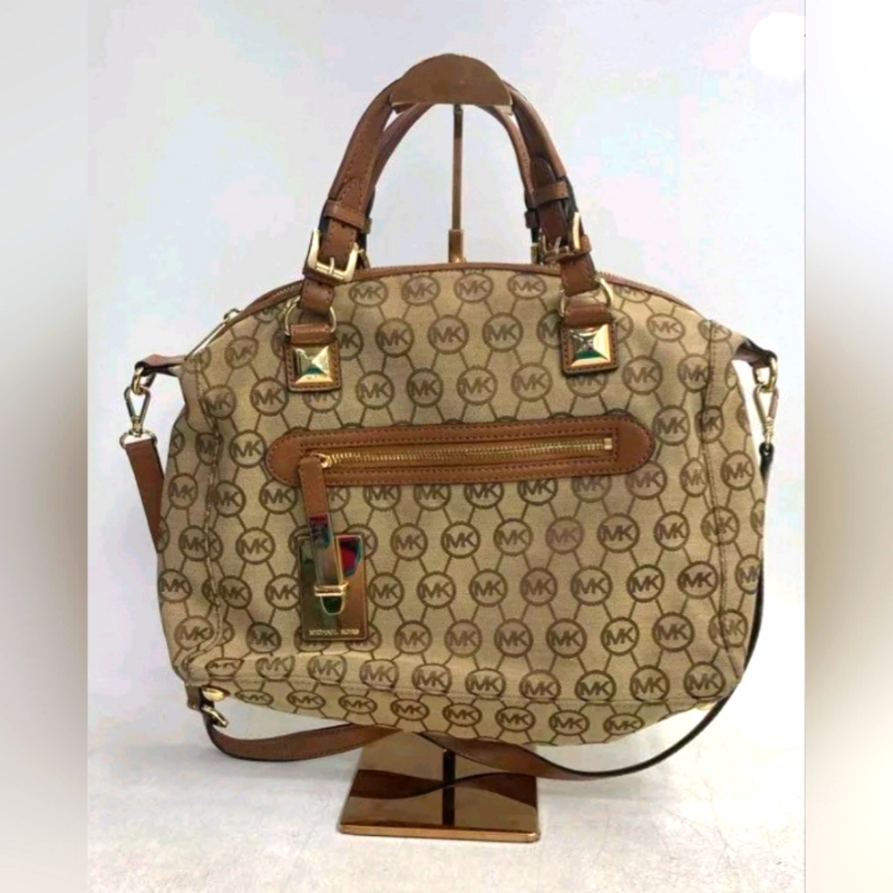 Michael Kors MK Calista brown Monogram Canvas Leather Satchel Bag purse Handbag